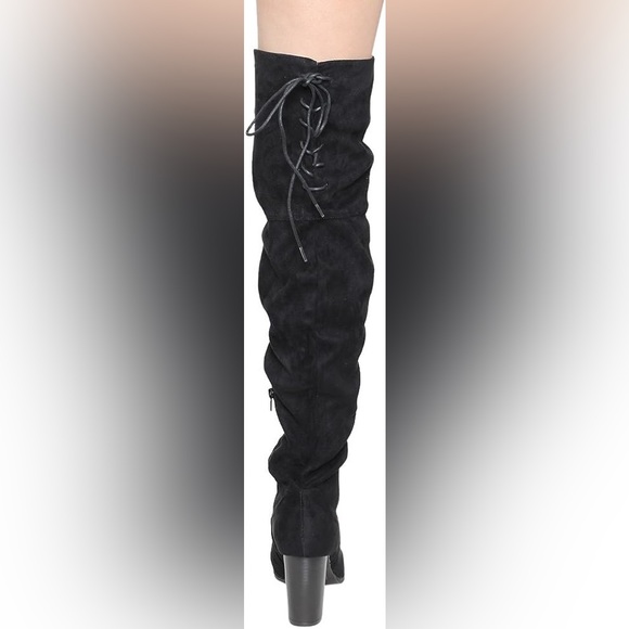 Qupid Women's Lace Up Back Stretchy Over The Knee Stacked‎ Chunky Boots - Picture 3 of 14